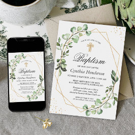 Invitación Verdor Eucalyptus Bautismo Geométrico Christening