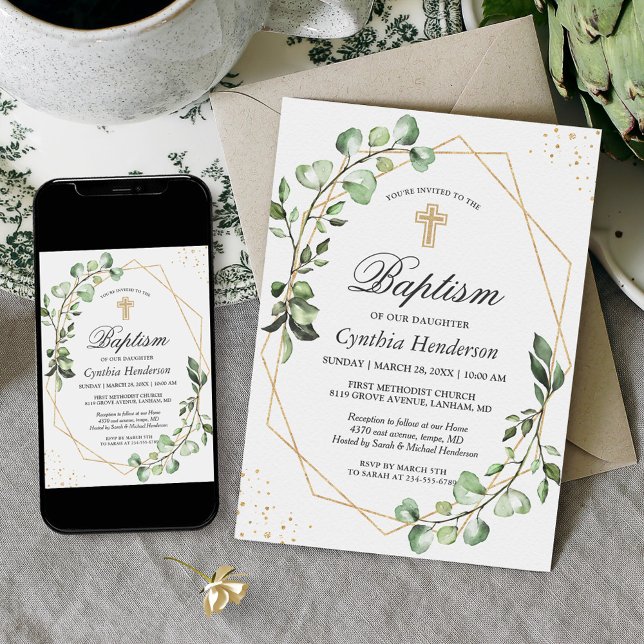 Invitación Verdor Eucalyptus Bautismo Geométrico Christening (Subido por el creador)