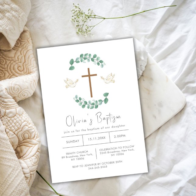 Invitación Verdor Eucalyptus Baviera Cruce Baptismo (Greenery Eucalyptus Bird Cross Christening Baptism Invitation)