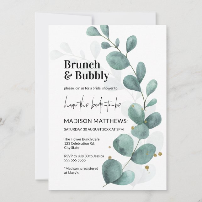 Invitación Verdor Eucalyptus Brunch & Bubbly Bridal Shower  (Anverso)