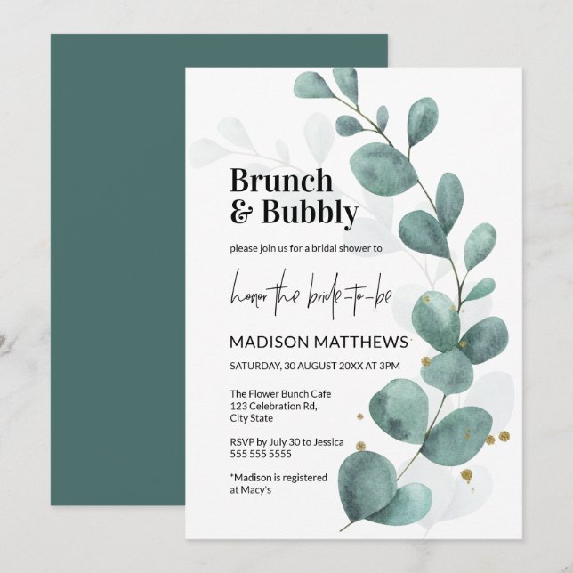 Invitación Verdor Eucalyptus Brunch & Bubbly Bridal Shower (Anverso / Reverso)