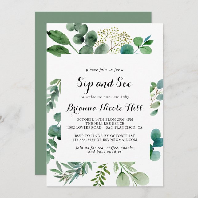 Invitación Verdor Eucalyptus Calligraphy Sip y Ver (Anverso / Reverso)