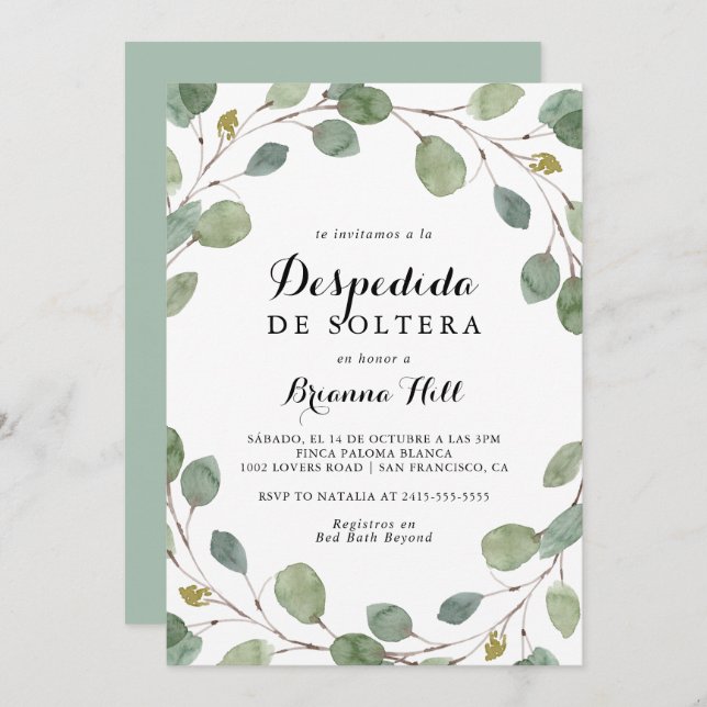 Invitación Verdor Eucalyptus Foliage Ducha Bridal Española (Anverso / Reverso)