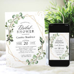 Invitación Verdor Eucalyptus Oro Ducha Geométrica Bridal<br><div class="desc">Celebre la futura boda con esta elegante y moderna Invitación a la ducha de novia geométrica Eucalyptus Gold. La invitación presenta una hermosa combinación de eucaliptos verdes, formas geométricas doradas y textos modernos de caligrafía. Personalizar la invitación con tus propios detalles y hazla única para tu evento especial. La descarga...</div>