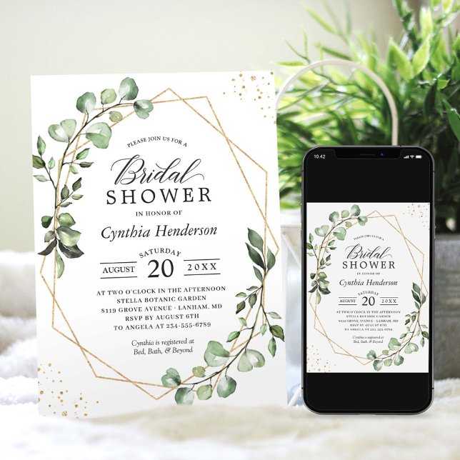 Invitación Verdor Eucalyptus Oro Ducha Geométrica Bridal (Subido por el creador)