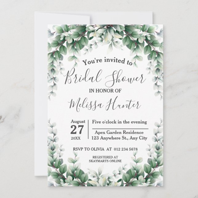 Invitación Verdor Eucalyptus Wreath Foliage Bridal Shower (Anverso)