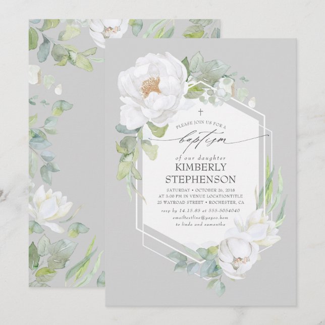 Invitación Verdor floral blanco Bautismo elegante (Anverso / Reverso)