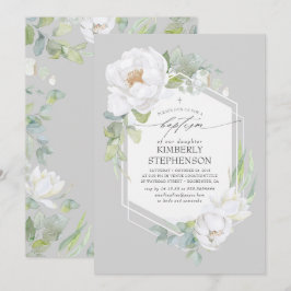Invitación Verdor floral blanco Bautismo elegante