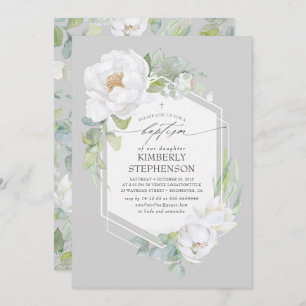 Invitación Verdor floral blanco Bautismo elegante