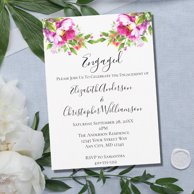 Invitación Verdor floral blanco rosado Elegante Compromiso (Subido por el creador)