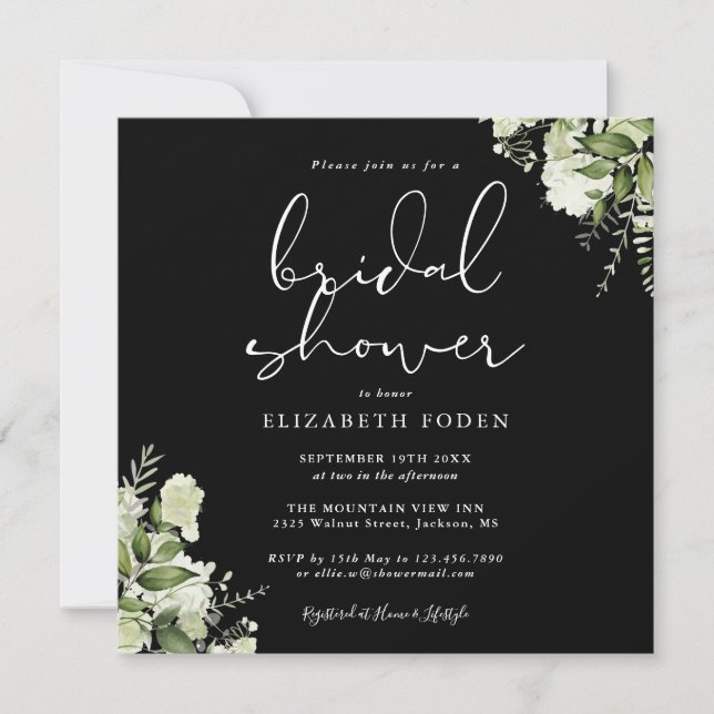 Invitación Verdor Floral Bridal Shower Negro Y Blanco (Anverso)