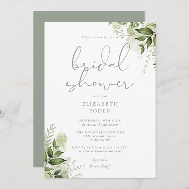 Invitación Verdor Floral Bridal Shower Sage Green (Anverso / Reverso)