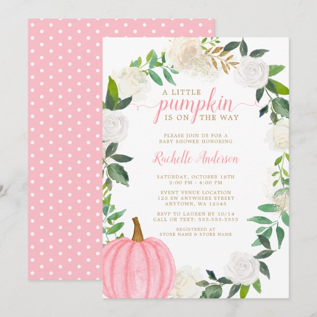 Invitación Verdor floral Calabaza rosa Caída Chica Baby Showe (Anverso / Reverso)