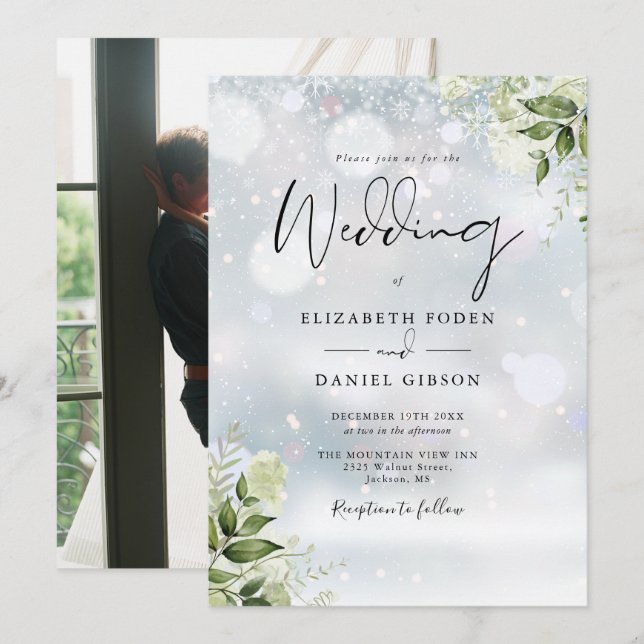 Invitación Verdor Floral Copos de nieve Foto Boda de Invierno (Anverso / Reverso)