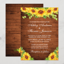Invitación Verdor floral de girasol de madera rústica