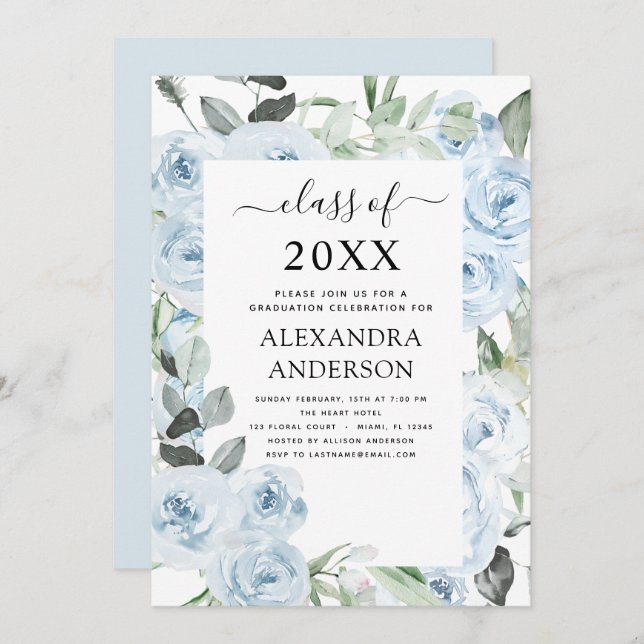 Invitación Verdor floral de graduación azul en 2022 (Anverso / Reverso)