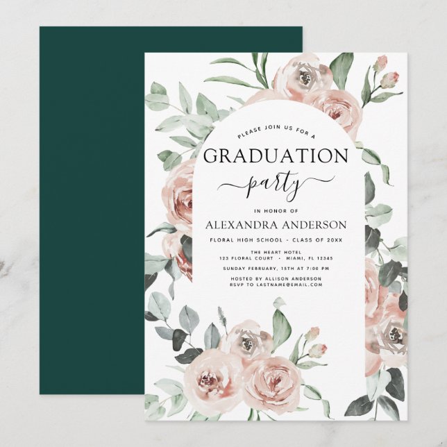 Invitación Verdor floral de graduación verde esmeralda 2022 (Anverso / Reverso)