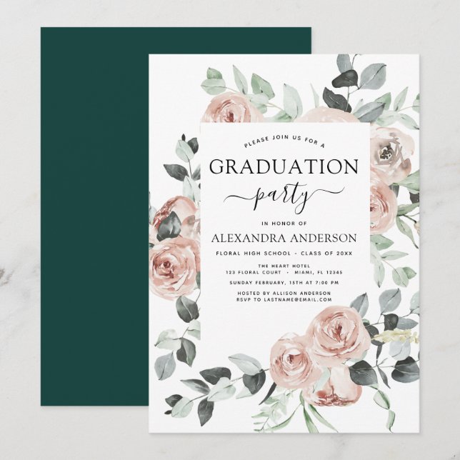 Invitación Verdor floral de graduación verde esmeralda 2023 (Anverso / Reverso)