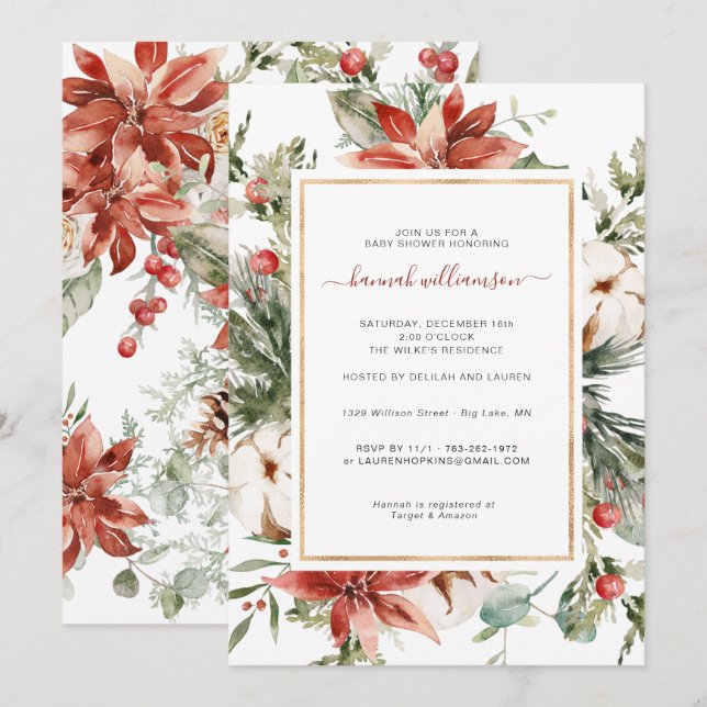Invitación Verdor floral de invierno | NAVIDADES BABY SHOWER (Anverso / Reverso)