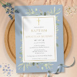 Invitación Verdor Floral Dusty Blue Boy Baptism<br><div class="desc">Con una delicada vegetación acuática y un elegante crucifijo dorado,  este elegante bautismo | la invitación a bautizar puede ser personalizada con su información especial,  con un fondo azul polvoriento al revés. Diseñado por Thisisnotme©</div>