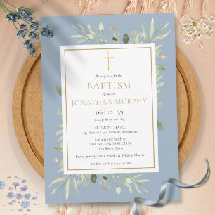 Invitación Verdor Floral Dusty Blue Boy Baptism