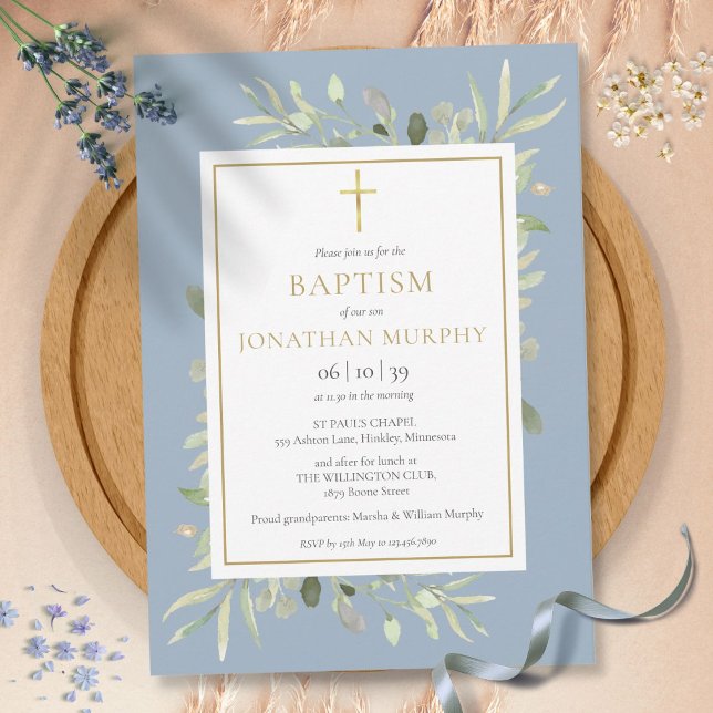 Invitación Verdor Floral Dusty Blue Boy Baptism (Subido por el creador)