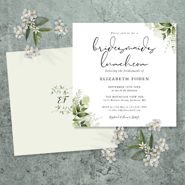 Invitación Verdor Floral Monograma Bridesmaids Luncheon (Greenery Floral Monogram Bridesmaids Luncheon Invitation)