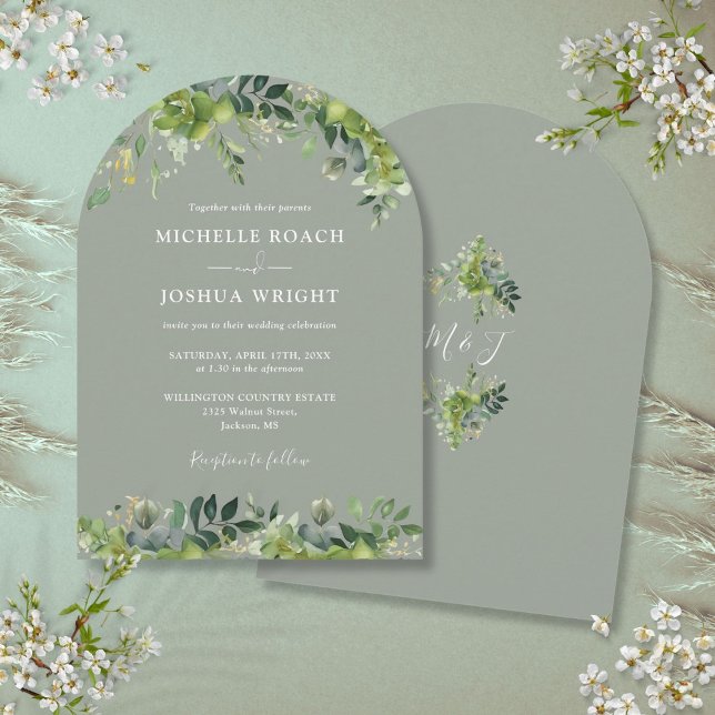 Invitación Verdor Floral Monograma Sage Green Boda (Greenery Floral Monogram Sage Green Wedding Invitation)