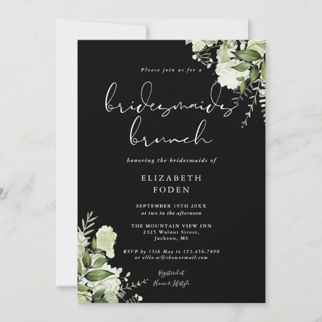 Invitación Verdor Floral Negro Y Blanco Bridesmaids Brunch (Anverso)