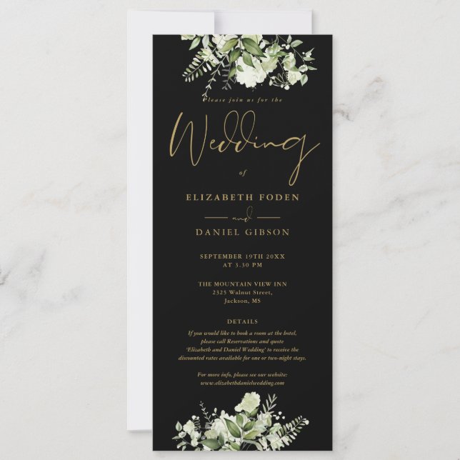 Invitación Verdor Floral Negro y detalles de oroBoda (Anverso)