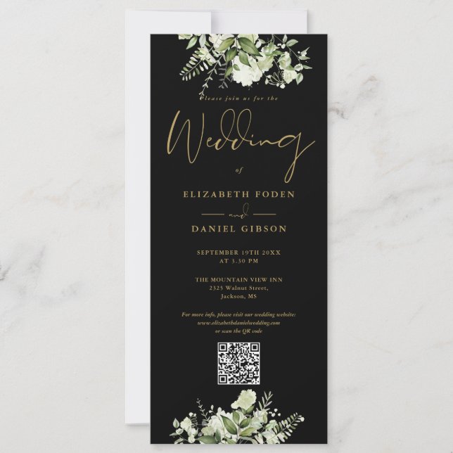Invitación Verdor Floral Negro Y Oro Boda de código QR (Anverso)