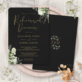 Invitación Verdor Floral Negro Y Oro Cena De Ensayos
