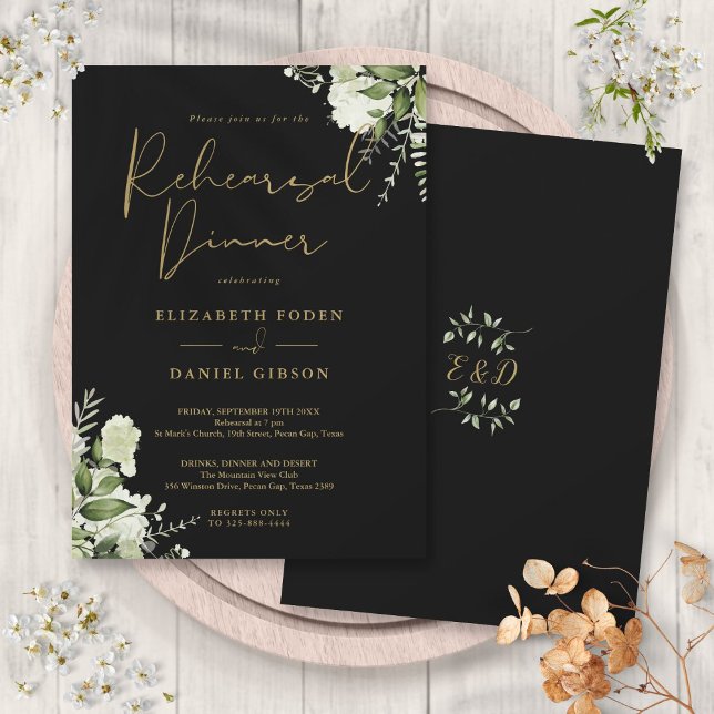 Invitación Verdor Floral Negro Y Oro Cena De Ensayos (Greenery Floral Black And Gold Rehearsal Dinner Invitation)
