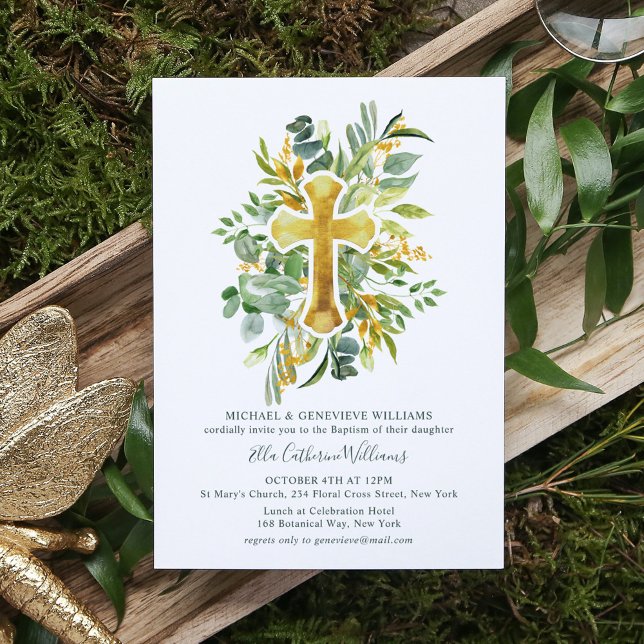 Invitación Verdor Floral Oro Botánico Cruzado Baptismo (Subido por el creador)