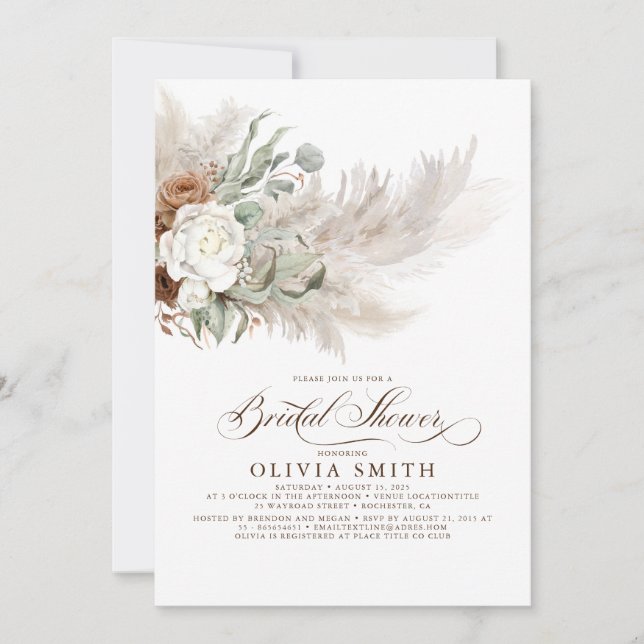 Invitación Verdor Floral Pampas Grass Boho Bridal Shower (Anverso)
