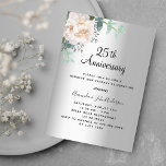 Invitación Verdor floral plateado aniversario 25 boda<br><div class="desc">Un fondo falso plateado. Decorada con flores blancas,  flores de peonía y vegetación de eucaliptos de color verde acuático. Personalice y agregue sus nombres y detalles</div>