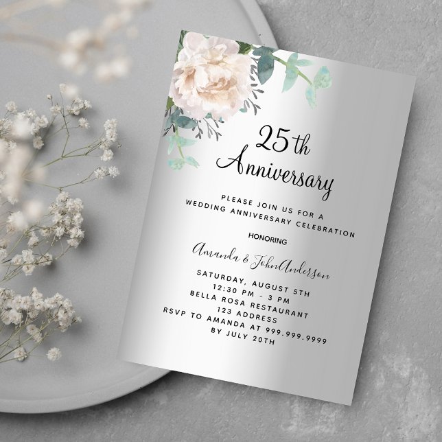 Invitación Verdor floral plateado aniversario 25 boda (Subido por el creador)