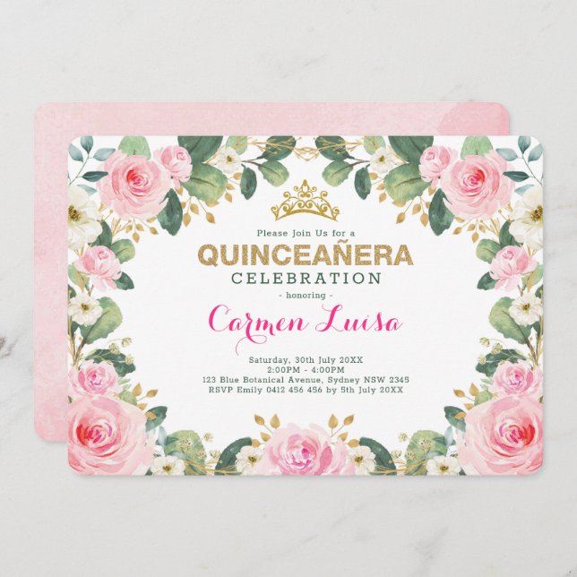 Invitación Verdor floral Quinceanera del oro rosado elegante (Anverso / Reverso)