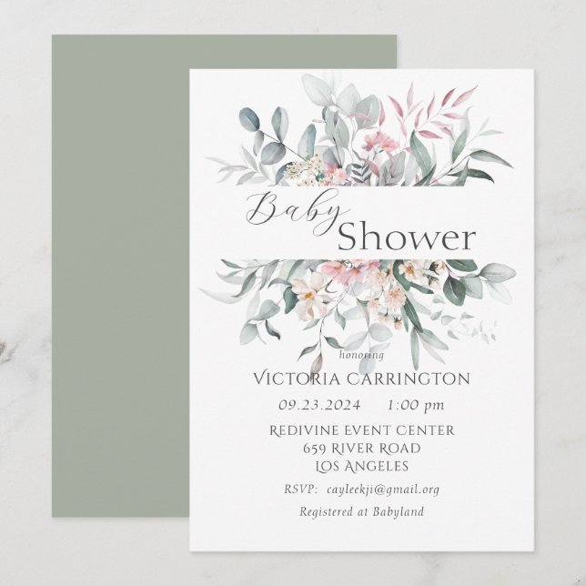 Invitación Verdor floral rosa Elegante Baby Shower (Anverso / Reverso)