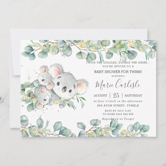 Invitación Verdor floral rosa Koala Baby Shower Twins   (Anverso)