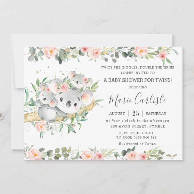 Invitación Verdor floral rosa Koala Chicas gemelos Baby Showe (Anverso)