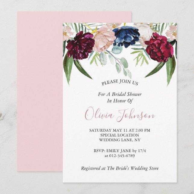 Invitación Verdor floral rosa Rubor Ducha de novia (Anverso / Reverso)