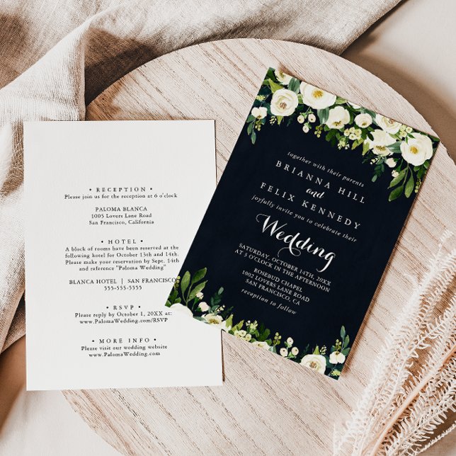 Invitación Verdor Floral Royal Blue Front & Back Boda (Subido por el creador)