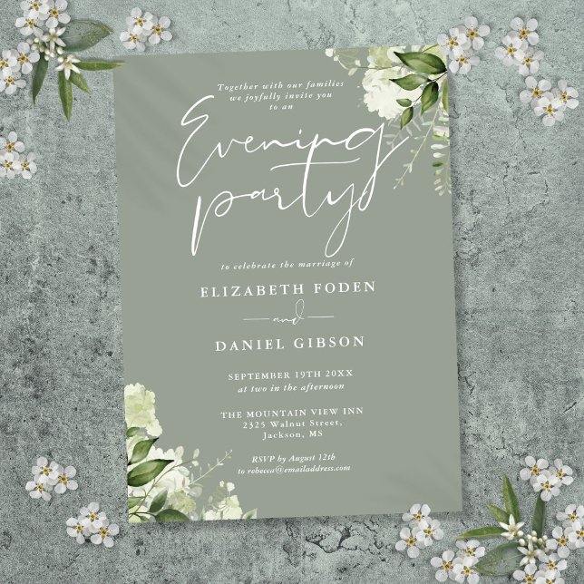 Invitación Verdor Floral Sage Green Boda Fiesta de la noche (Greenery Floral Sage Green Wedding Evening Party Invitation)