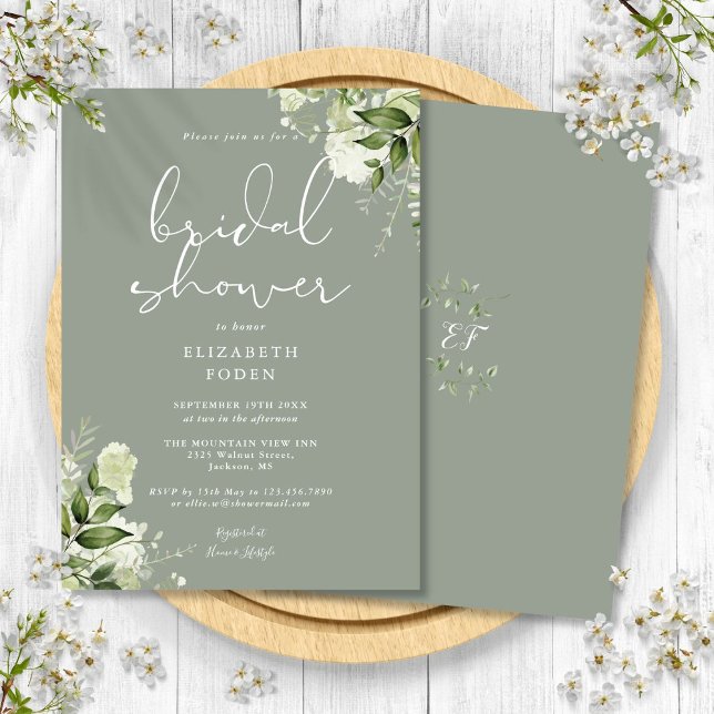 Invitación Verdor Floral Sage Green Bridal Shower (Greenery Floral Sage Green Bridal Shower Invitation)