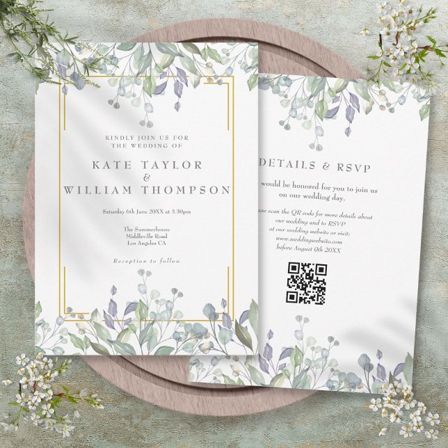 Invitación Verdor Floral Sage Lilac QR Boda de código (Greenery Floral Sage Lilac QR Code Wedding Invitation)