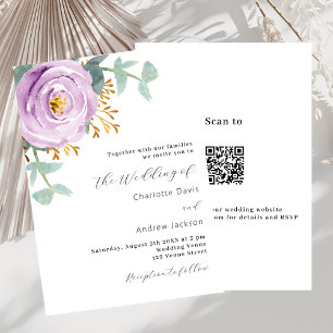 Invitación Verdor floral violeta código QR boda RSVP