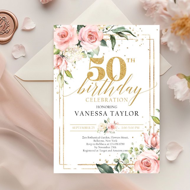 Invitación Verdor floreado rosa y dorado bohemio 50 (boho blush pink flowers roses mixed green eucalyptus on gold frame 50th birthday invitation)