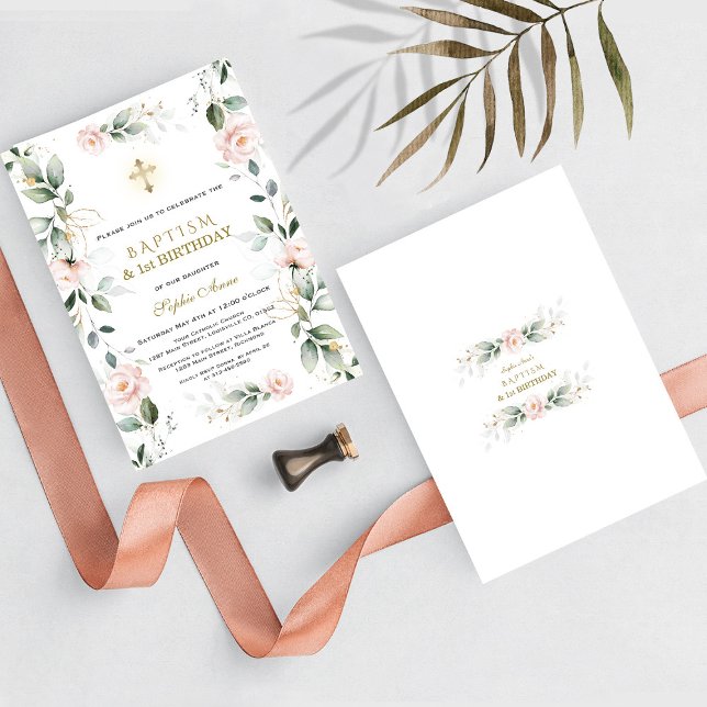 Invitación Verdor Flores rosas bautismo Primer Fiesta de cump (floral greenery baptism 1st birthday, trendy, elegant, modern baptism first birthday invitation)