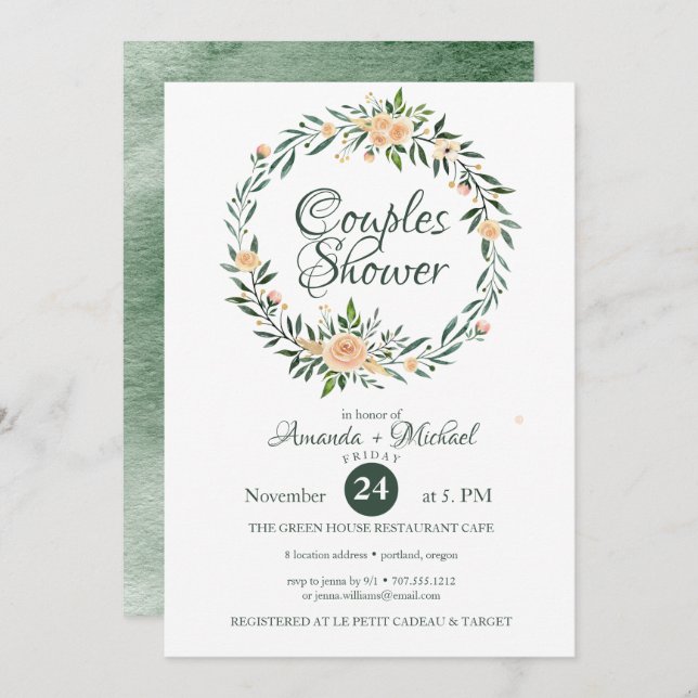Invitación Verdor Flores rosas Wreath Couple Ducha (Anverso / Reverso)